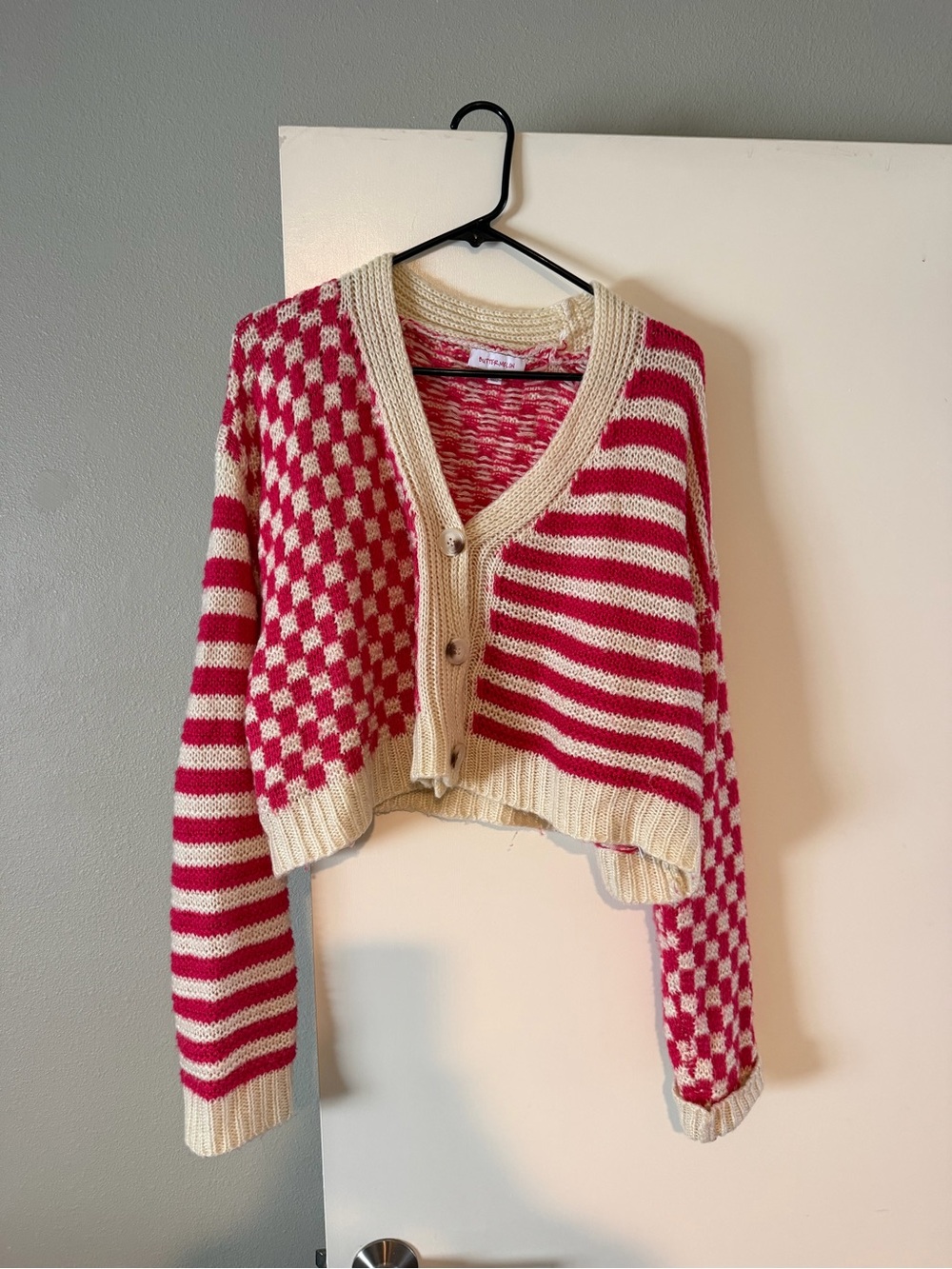Cropped Pink & Cream Mixed-Pattern Cardigan Sweater